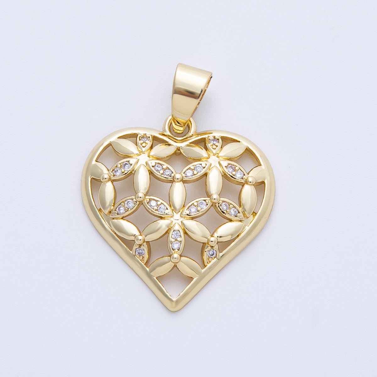 14K Gold Filled 23mm Micro Paved CZ Flower Heart Open Charm | Charms - 00062 - DLUXCA