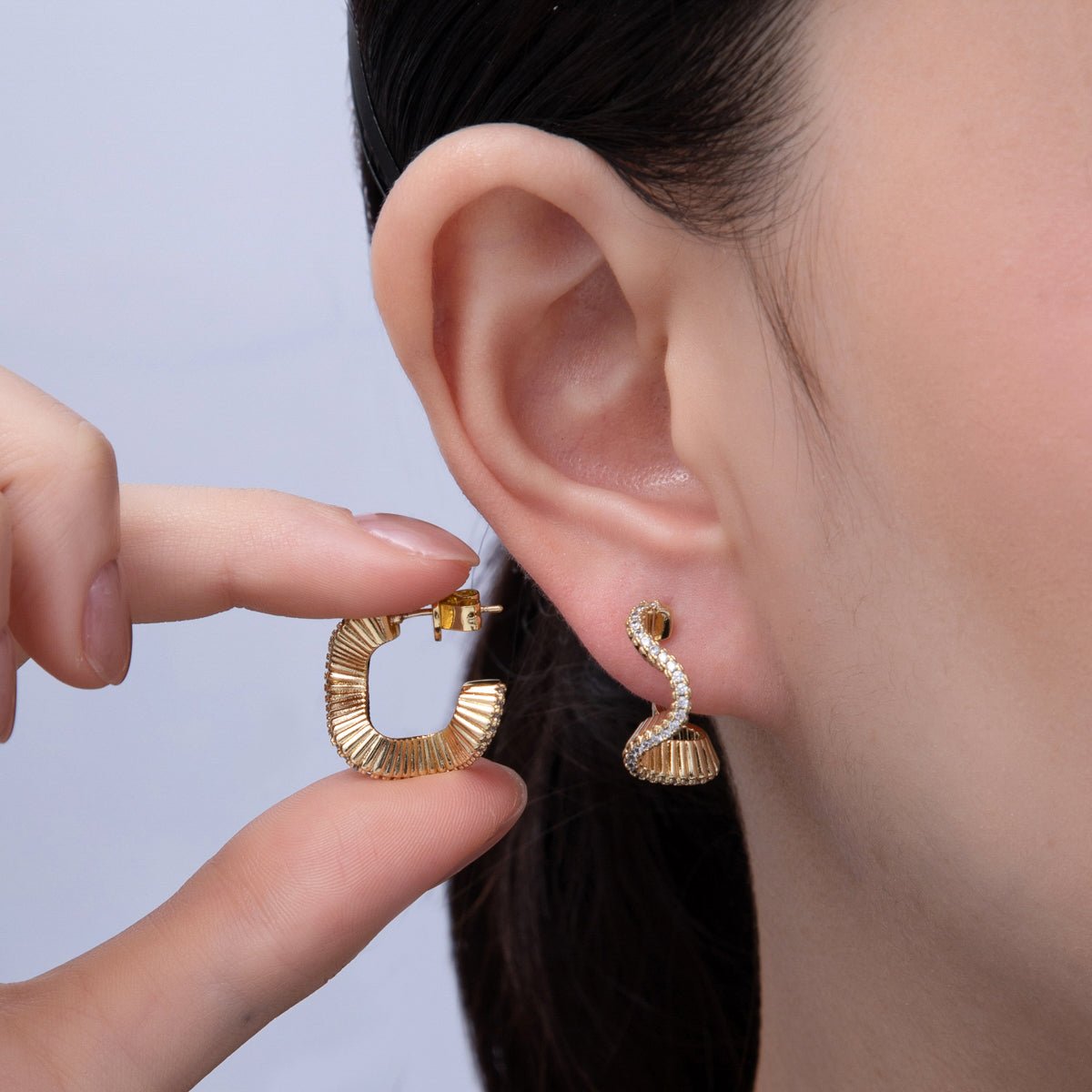 14K Gold Filled 23mm Micro Paved CZ Ribbed Wave C - Shaped Hoop Earrings | Earrings - 00029 - DLUXCA