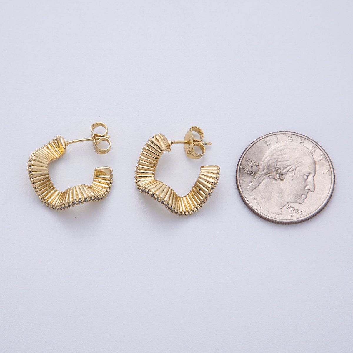 14K Gold Filled 23mm Micro Paved CZ Ribbed Wave C - Shaped Hoop Earrings | Earrings - 00029 - DLUXCA