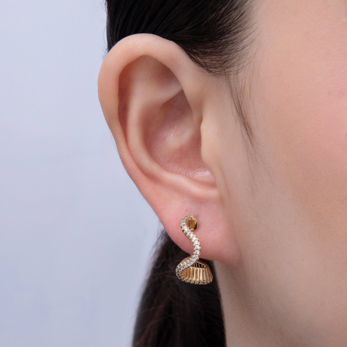 14K Gold Filled 23mm Micro Paved CZ Ribbed Wave C - Shaped Hoop Earrings | Earrings - 00029 - DLUXCA