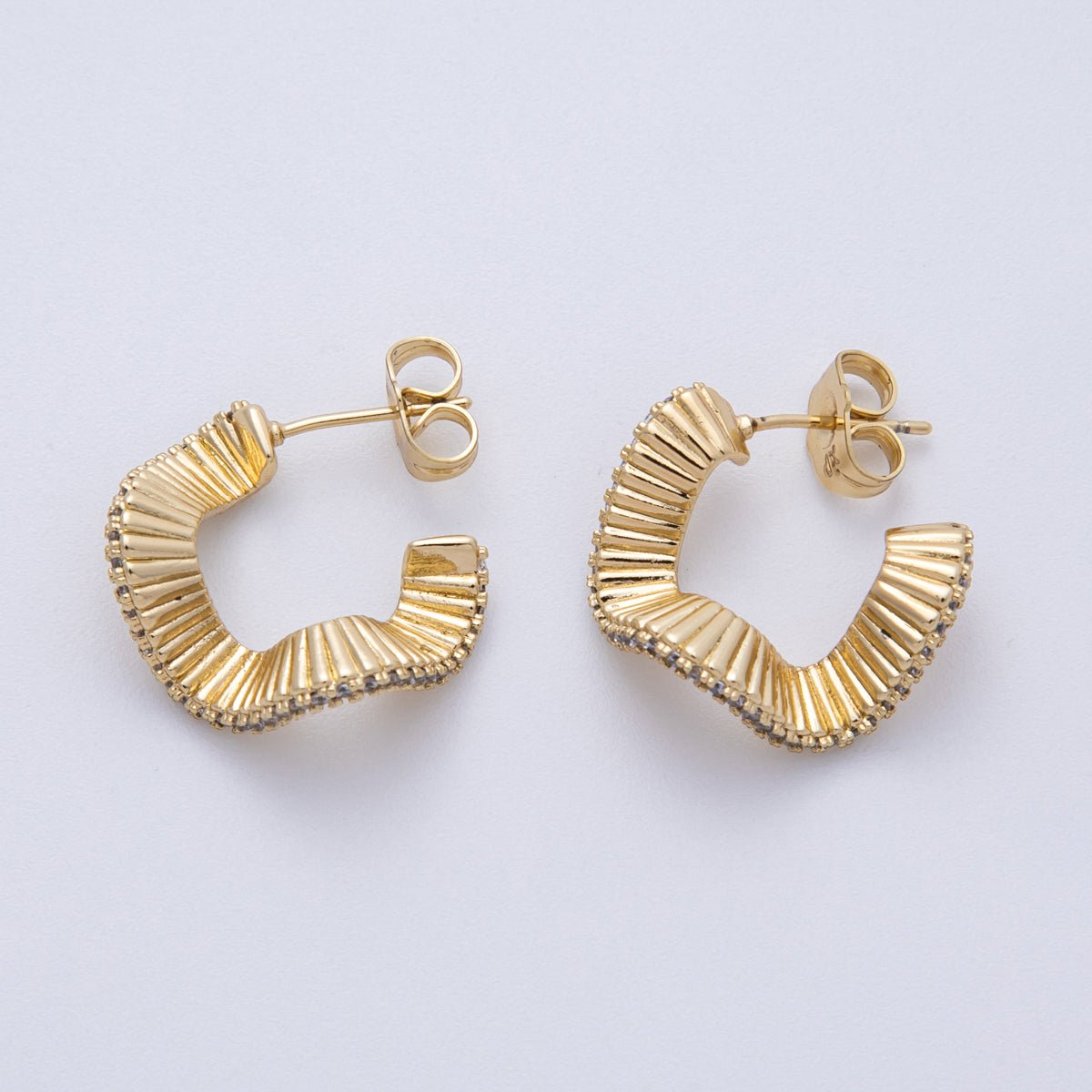 14K Gold Filled 23mm Micro Paved CZ Ribbed Wave C - Shaped Hoop Earrings | Earrings - 00029 - DLUXCA