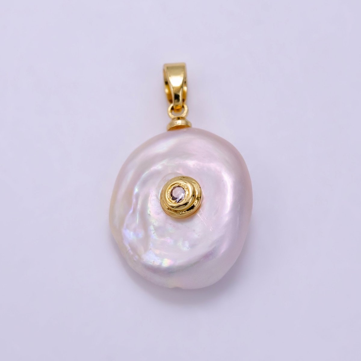 14K Gold Filled 25mm Blue, Clear CZ Keshi Freshwater Pearl Pendant | P1740 - DLUXCA