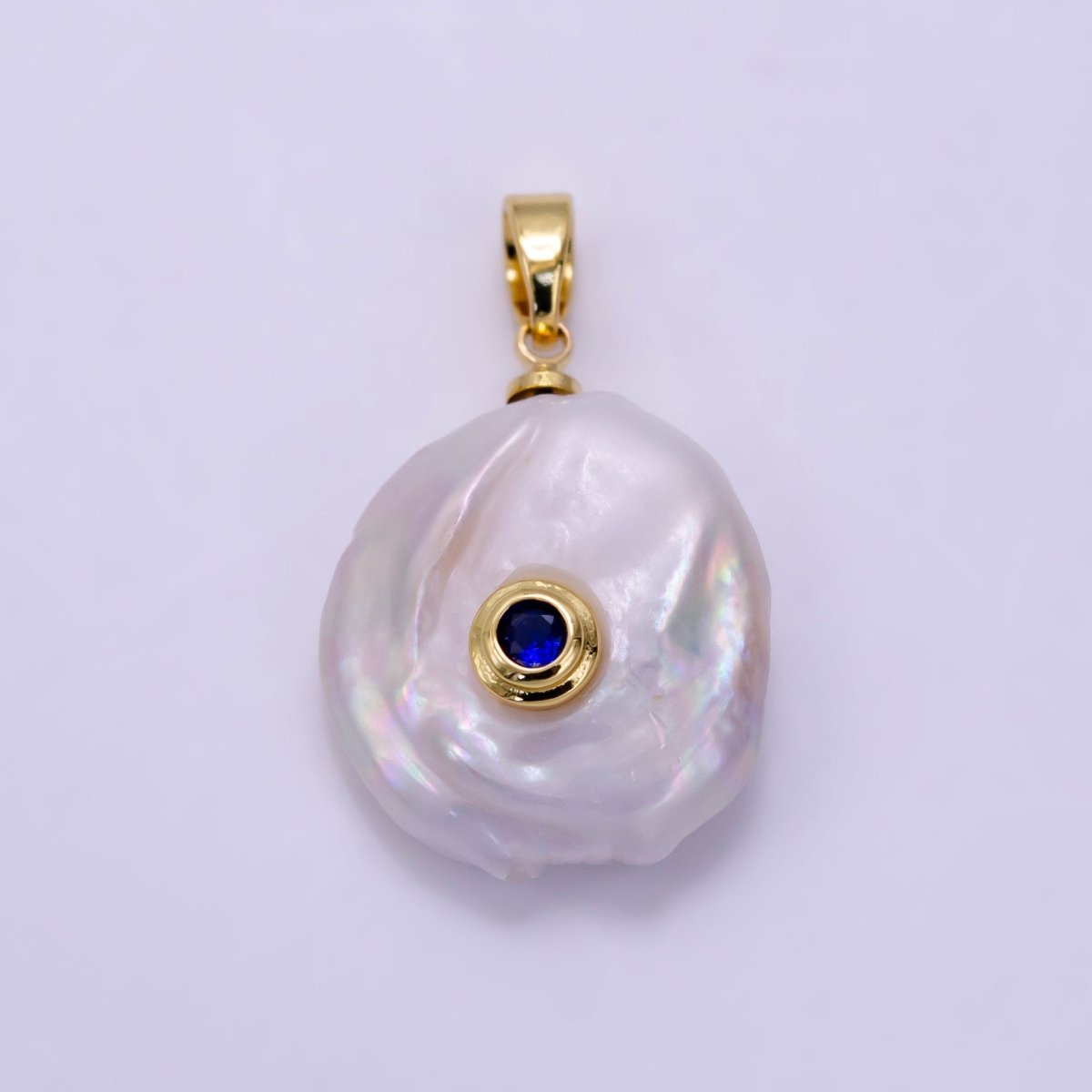 14K Gold Filled 25mm Blue, Clear CZ Keshi Freshwater Pearl Pendant | P1740 - DLUXCA