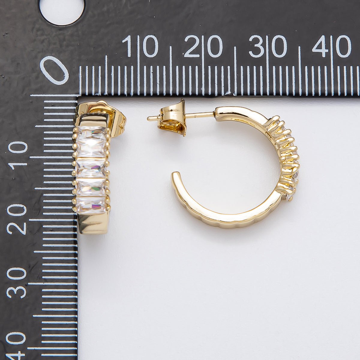 14K Gold Filled 25mm Clear CZ Baguette C - Shaped Hoop Earrings | Earrings - 00272 - DLUXCA