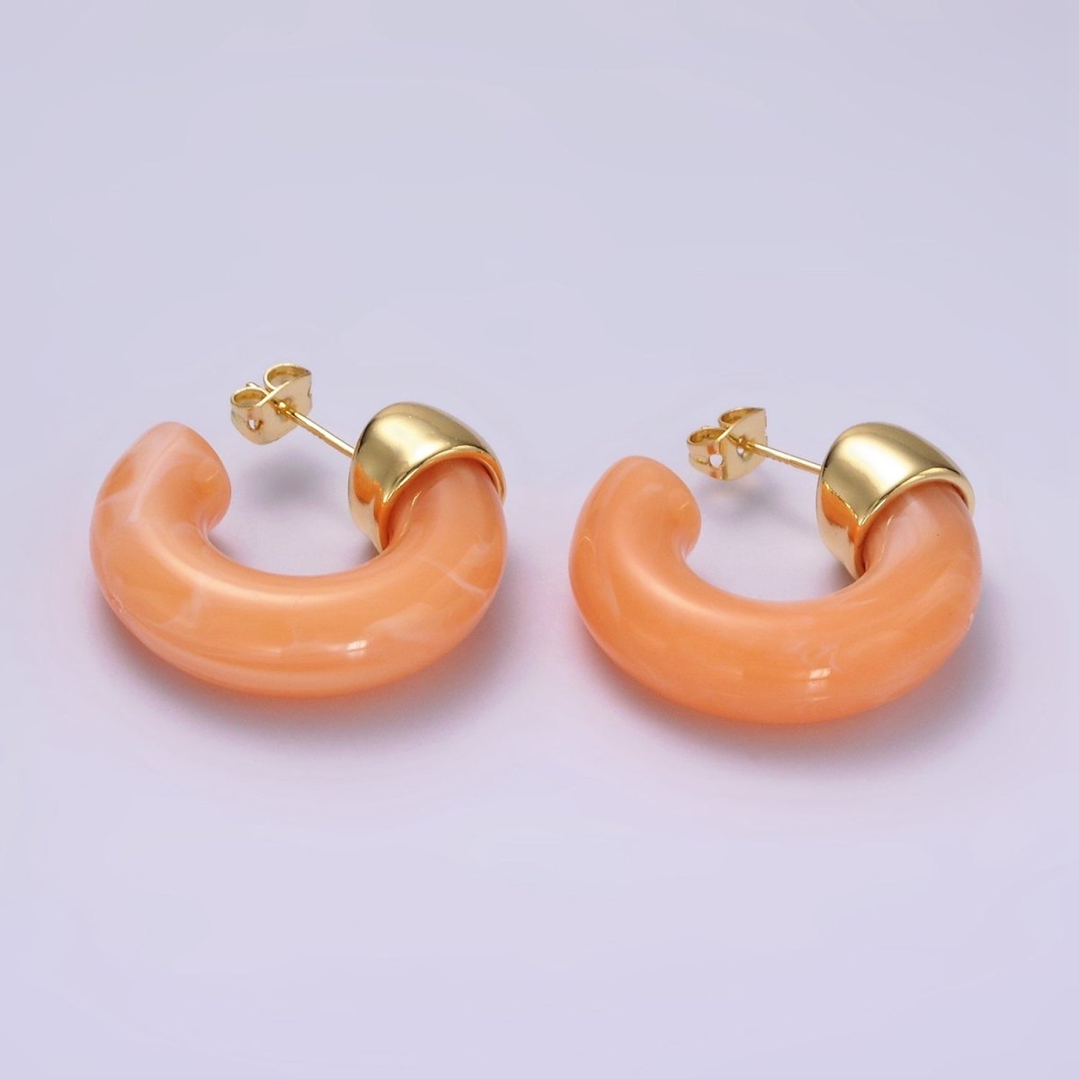 14K Gold Filled 25mm Orange & White C - Shaped Resin Hoop Earrings | AE186 - 187 - DLUXCA