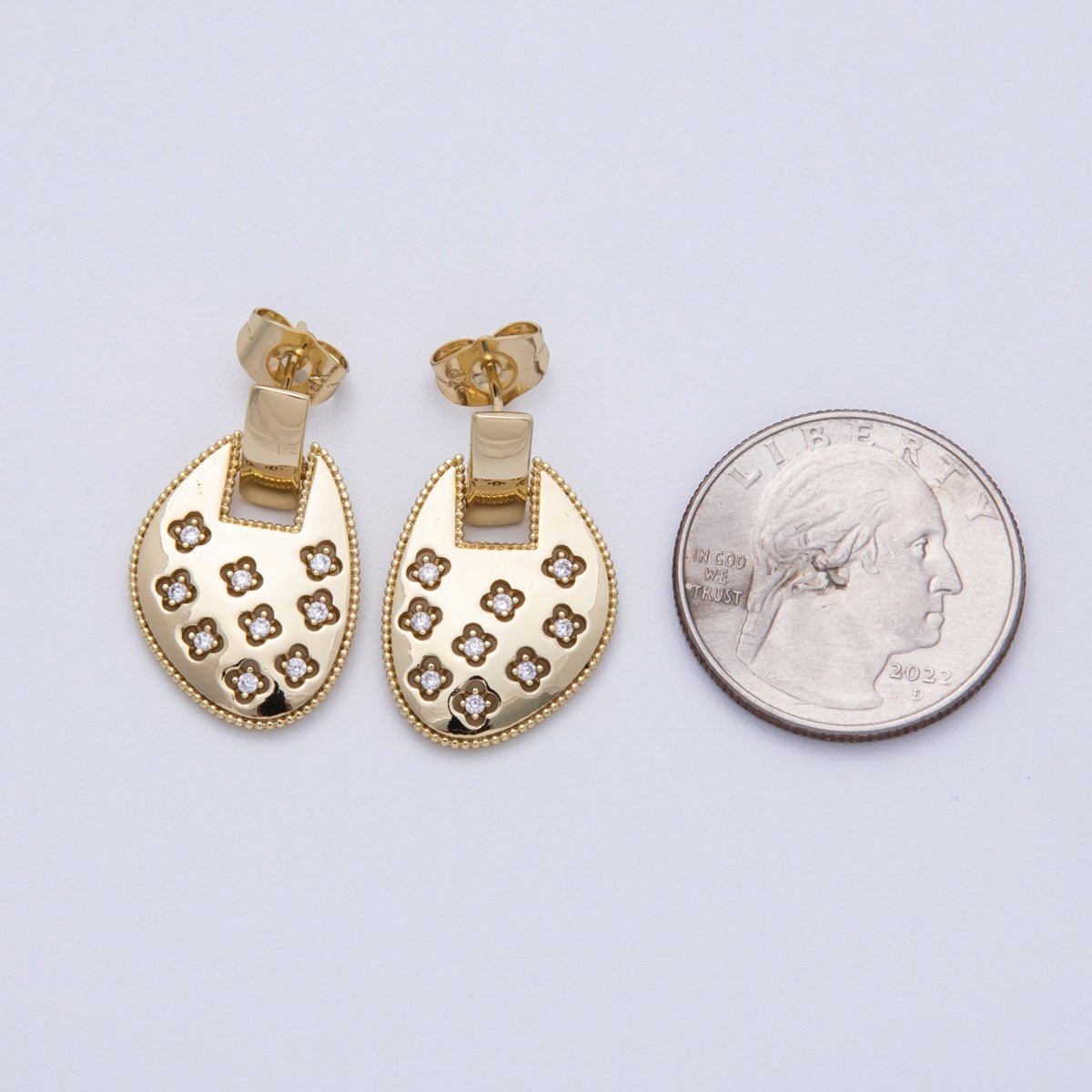 14K Gold Filled 26.5mm Clear CZ Clover Dotted Geometric Drop Stud Earrings | Earrings - 00033 - DLUXCA