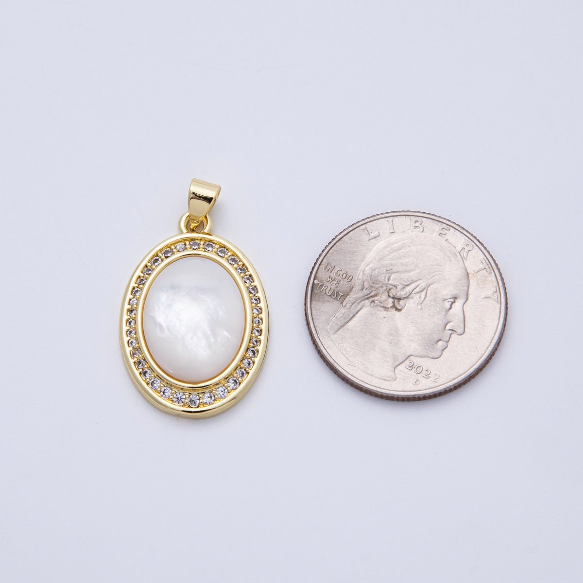 14K Gold Filled 26.5mm Shell Pearl Micro Paved CZ Cabochon Oval Pendant | AA1689 - DLUXCA