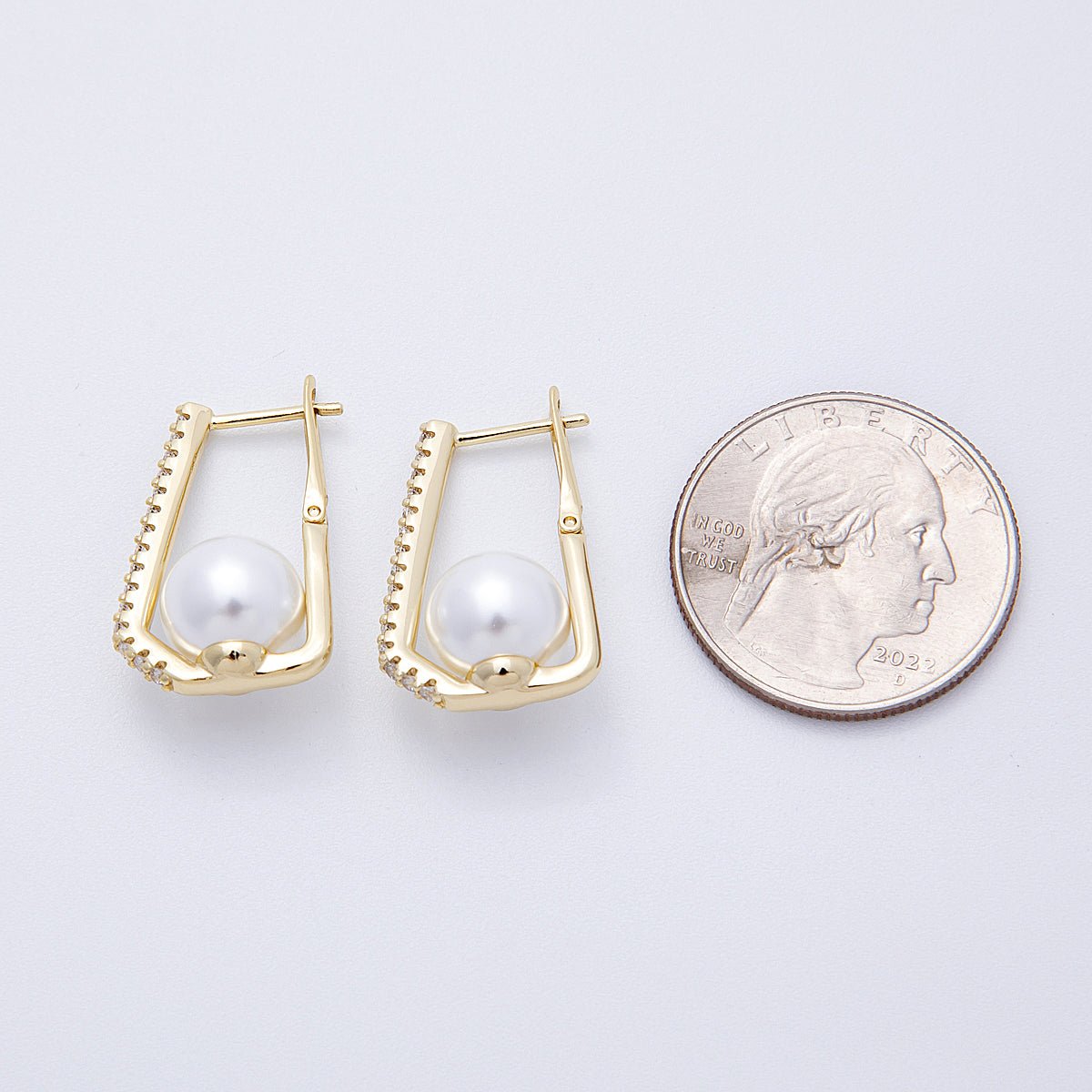 14K Gold Filled 27mm Shell Pearl Micro Paved CZ Geometric Oblong Hinge Hoop | Earrings - 00174 - DLUXCA