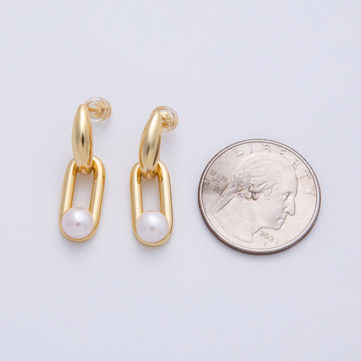 14K Gold Filled 28.8mm Shell Pearl Paperclip Drop Stud Earrings | Earrings - 00059 - DLUXCA