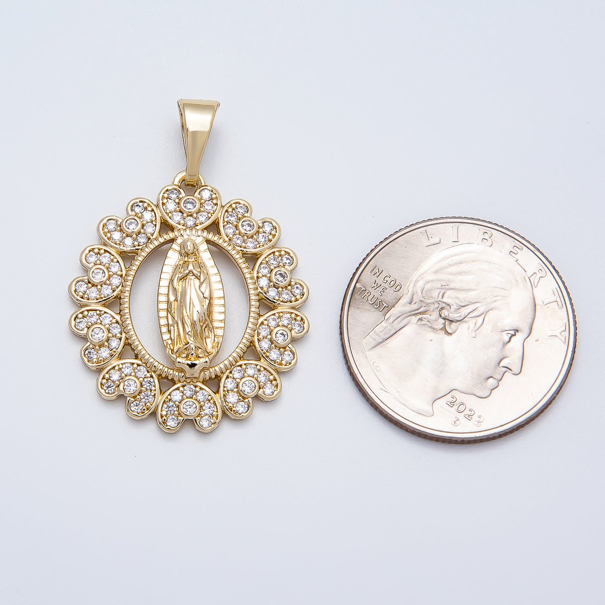 14K Gold Filled 28mm Micro Paved CZ Heart Virgin Mary Open Round Religious Pendant | Charms - 00516 - DLUXCA