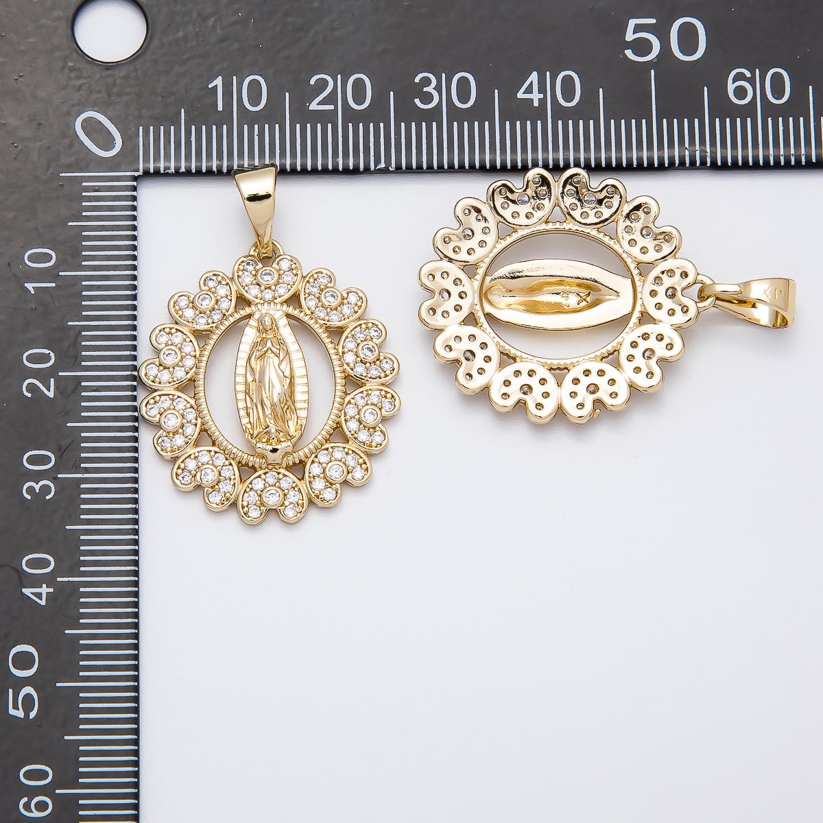 14K Gold Filled 28mm Micro Paved CZ Heart Virgin Mary Open Round Religious Pendant | Charms - 00516 - DLUXCA