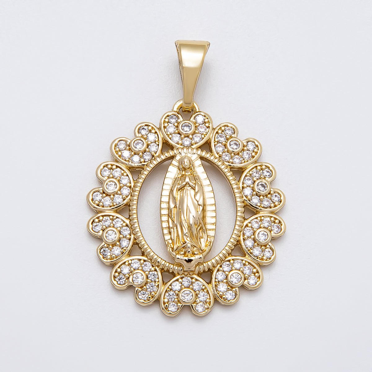 14K Gold Filled 28mm Micro Paved CZ Heart Virgin Mary Open Round Religious Pendant | Charms - 00516 - DLUXCA