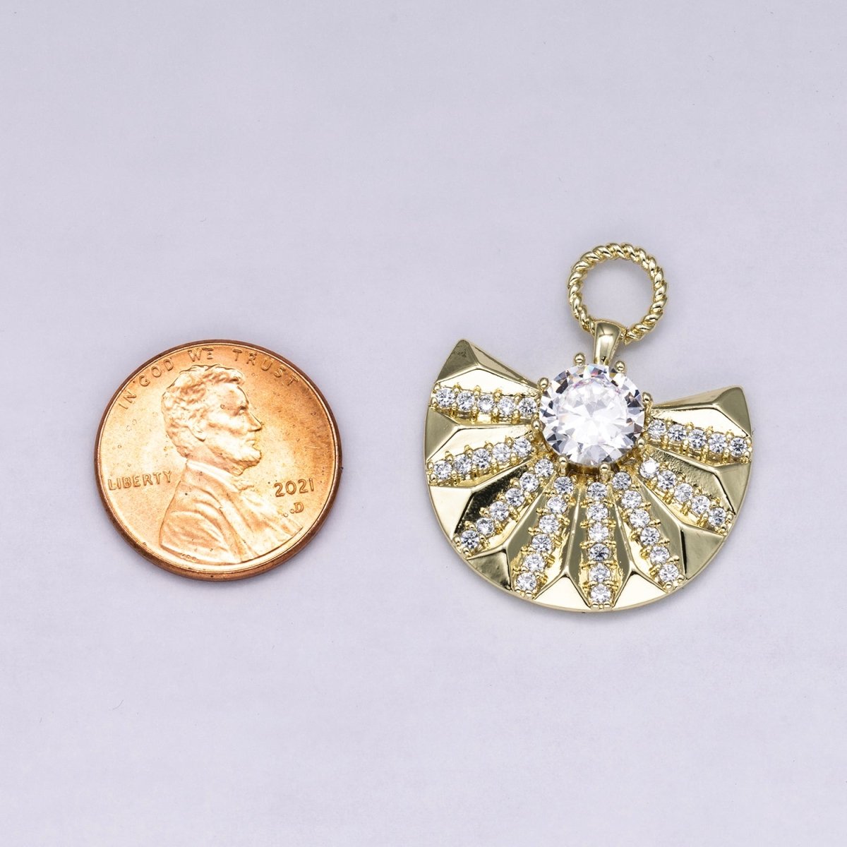 14K Gold Filled 29mm Micro Paved CZ Sunburst Fan Drop Pendant | Charms - 00486 - DLUXCA