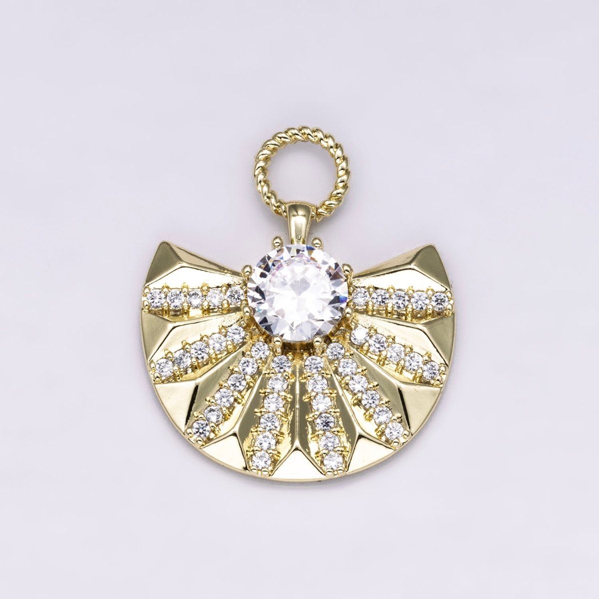 14K Gold Filled 29mm Micro Paved CZ Sunburst Fan Drop Pendant | Charms - 00486 - DLUXCA