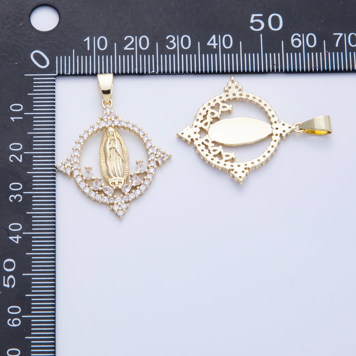 14K Gold Filled 30.5mm Micro Paved CZ Guadalupe Mary Open Round Pendant | Charms - 00063 - DLUXCA