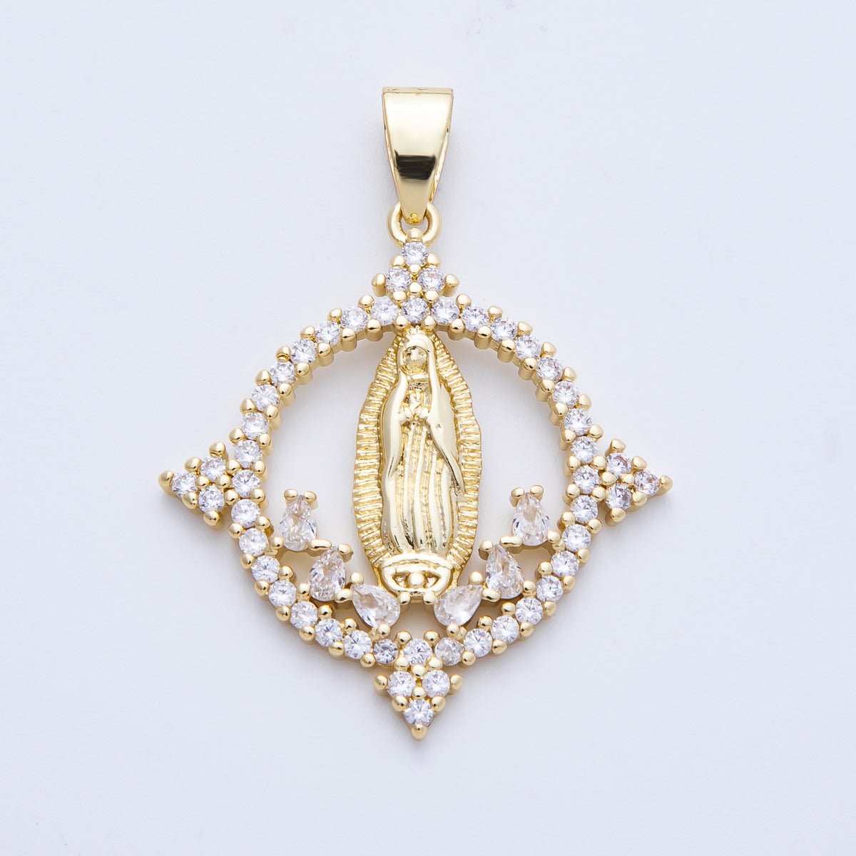 14K Gold Filled 30.5mm Micro Paved CZ Guadalupe Mary Open Round Pendant | Charms - 00063 - DLUXCA