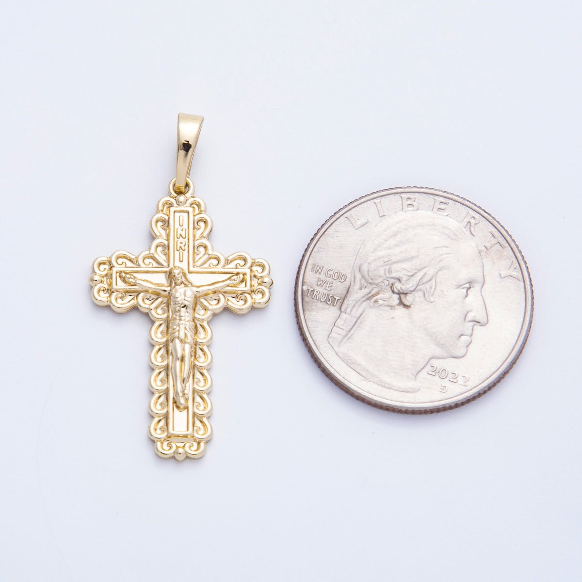 14K Gold Filled 30mm INRI Crucifix Cross Cloud Curved Artisan Religious Pendant | Charms - 00211 - DLUXCA