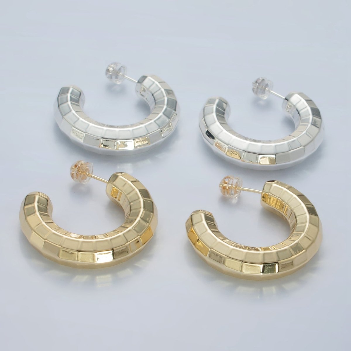 14K Gold Filled 30mm Lightweight Multifaceted C - Shaped Hoop Earrings in Gold & Silver | AD675 AD676 - DLUXCA