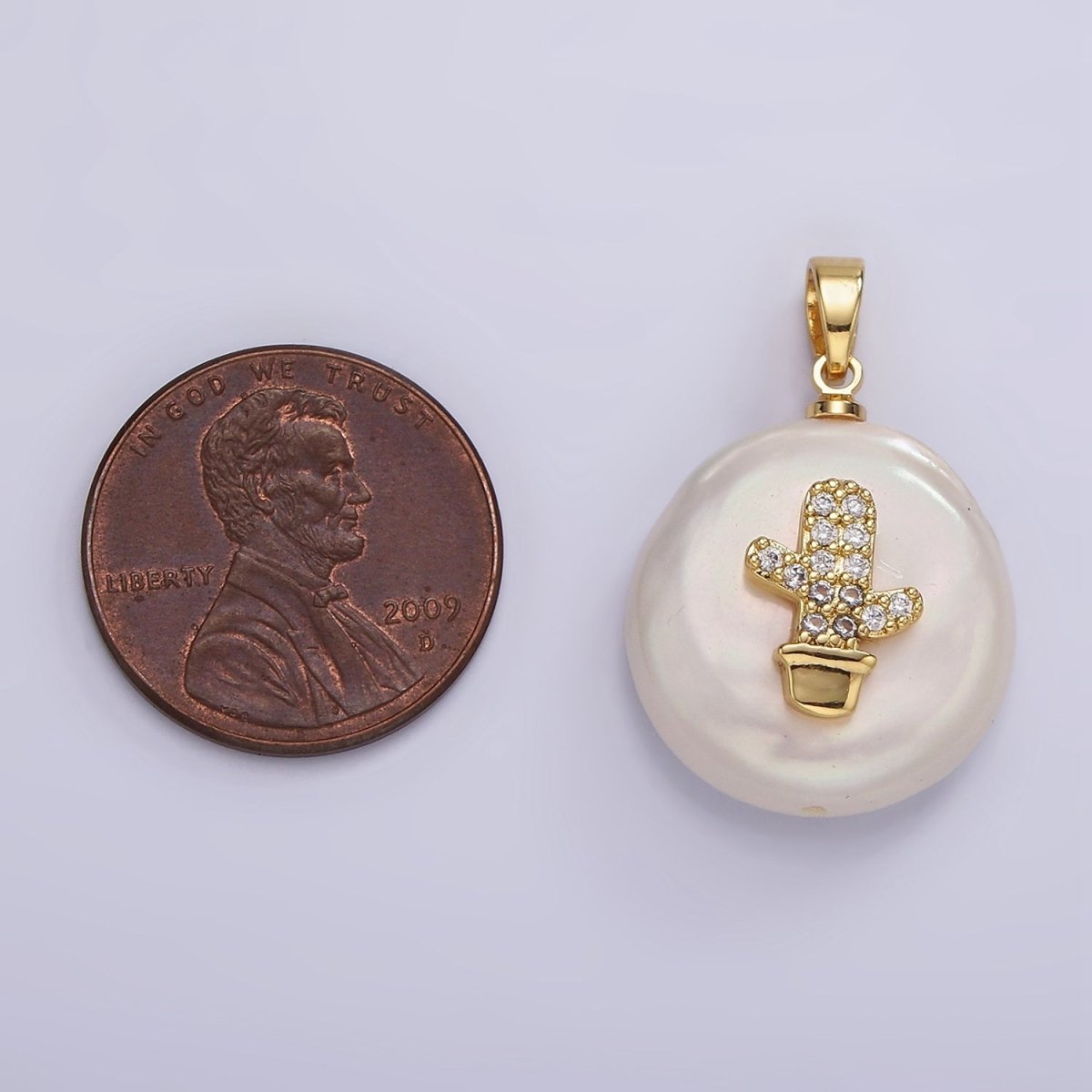 14K Gold Filled 30mm Micro Paved CZ Cactus Plant Round Keishi Freshwater Pearl Pendant | P1667 - DLUXCA