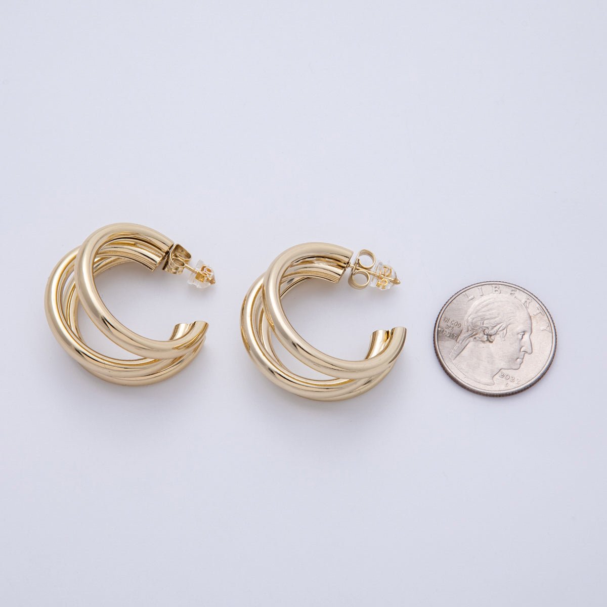 14K Gold Filled 30mm Minimalist Triple Band C - Shaped Hoop Earrings | Earrings - 00136 - DLUXCA