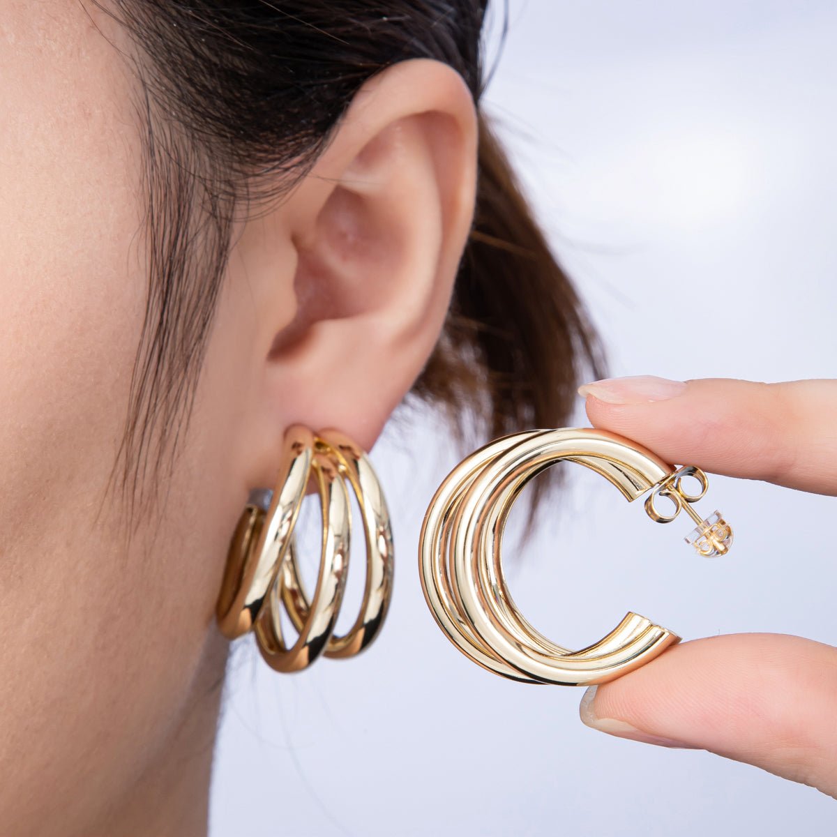 14K Gold Filled 30mm Minimalist Triple Band C - Shaped Hoop Earrings | Earrings - 00136 - DLUXCA