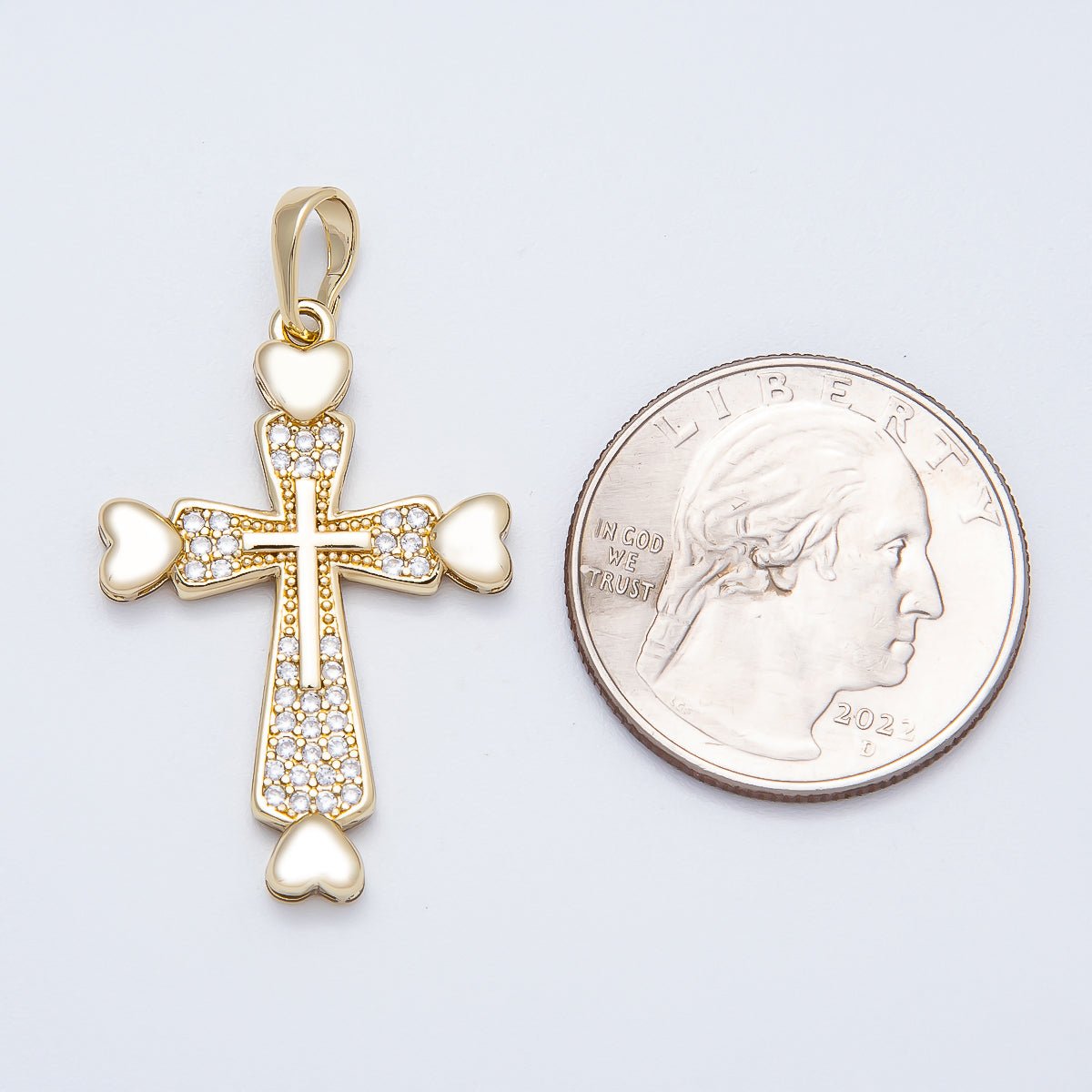 14K Gold Filled 32mm Micro Paved CZ Heart Religious Cross Pendant | Charms - 00519 - DLUXCA