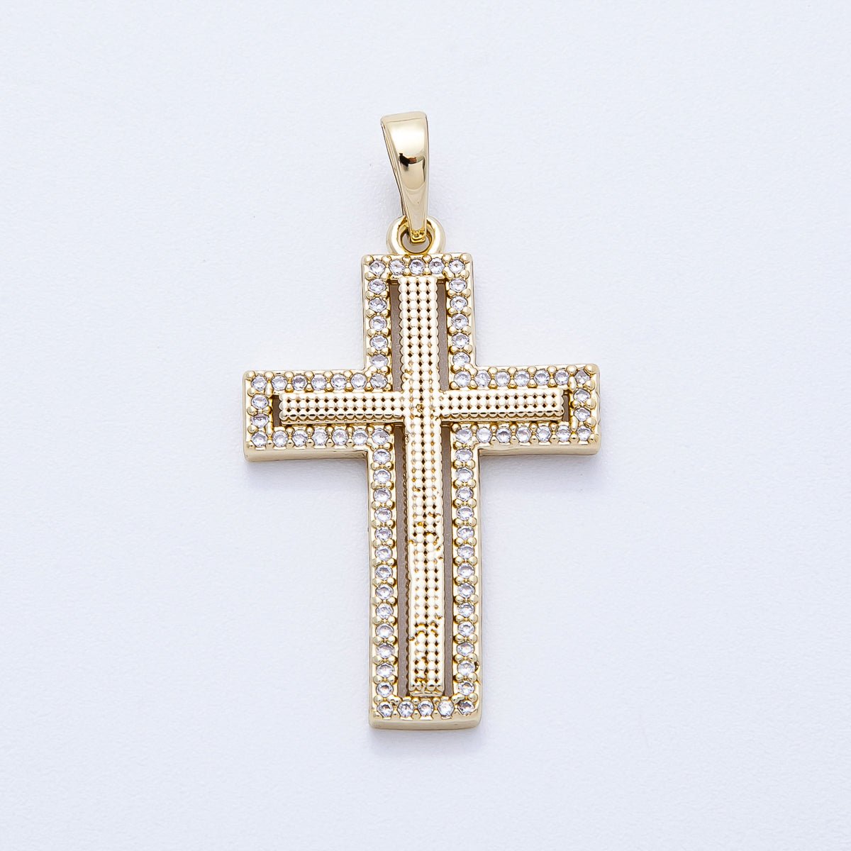 14K Gold Filled 33mm Beaded Textured Micro Paved CZ Religious Cross Bezel Pendant | Charms - 00353 - DLUXCA
