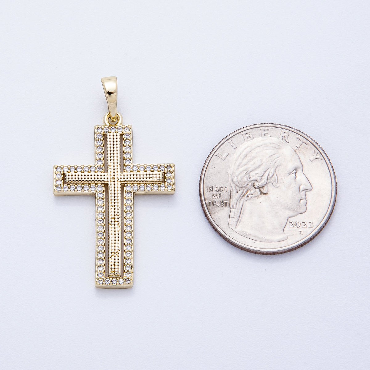 14K Gold Filled 33mm Beaded Textured Micro Paved CZ Religious Cross Bezel Pendant | Charms - 00353 - DLUXCA