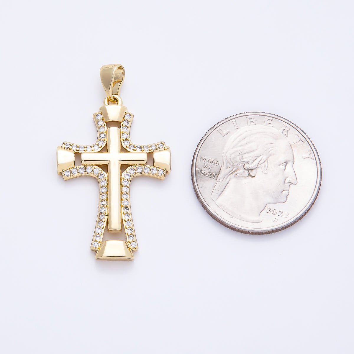 14K Gold Filled 33mm Micro Paved CZ Double Open Flared Cross Pendant | Charms-01261 - DLUXCA
