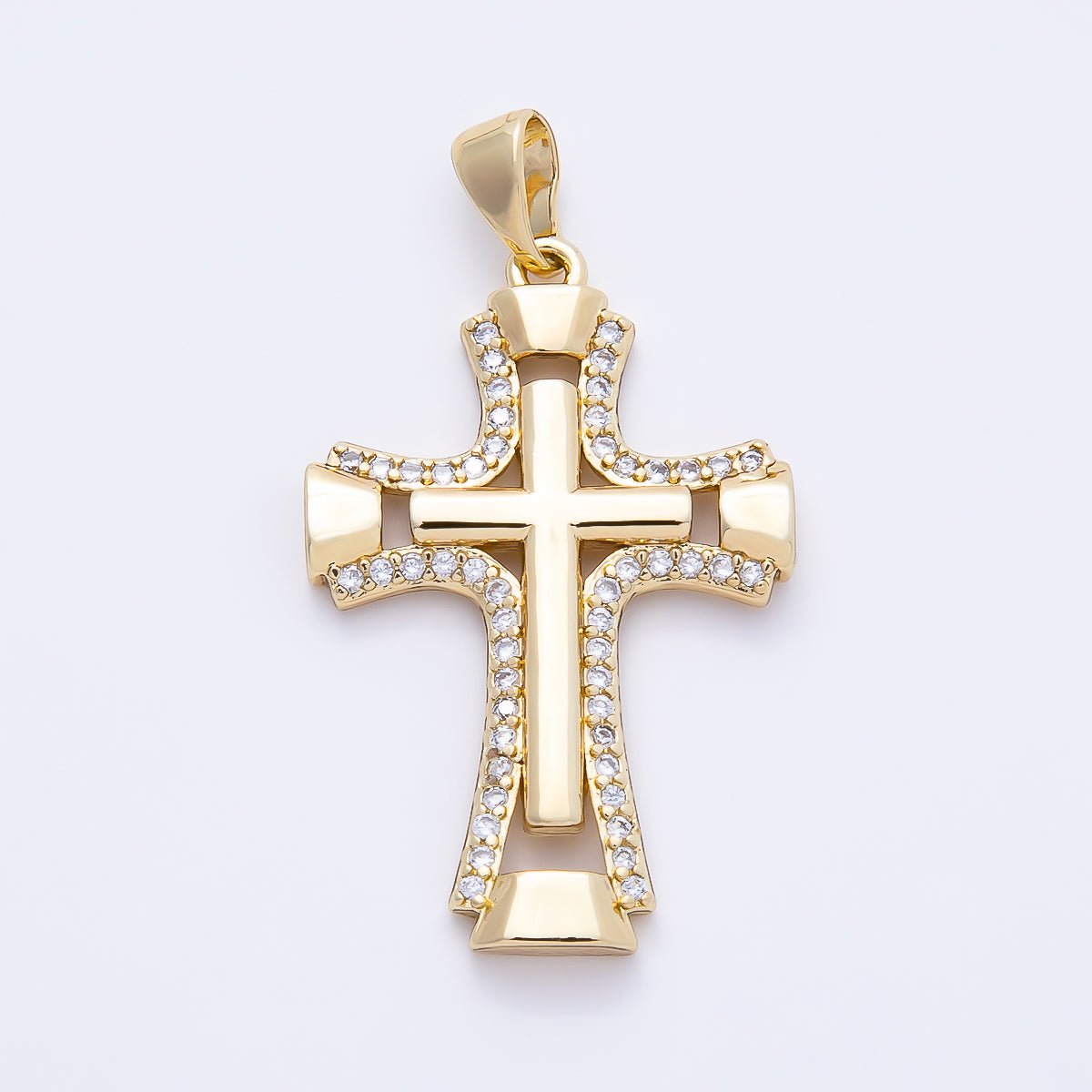 14K Gold Filled 33mm Micro Paved CZ Double Open Flared Cross Pendant | Charms-01261 - DLUXCA