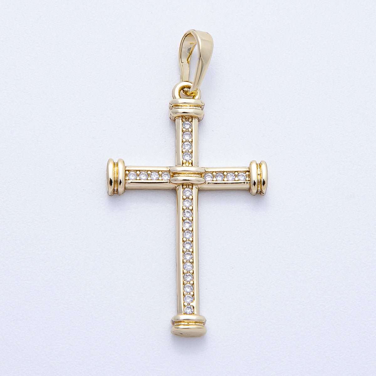 14K Gold Filled 33mm Micro Paved CZ Tube Band Religious Cross Pendant | Charms - 00430 - DLUXCA