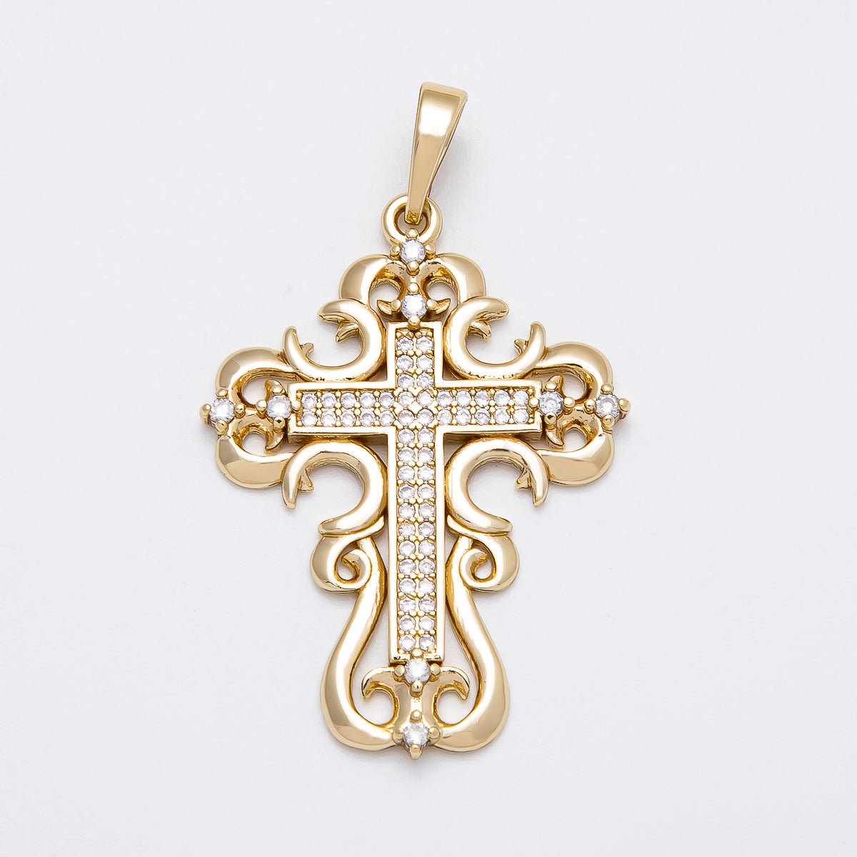 14K Gold Filled 34mm Micro Paved CZ Artisan Geometric Religious Cross Pendant | Charms - 00518 - DLUXCA