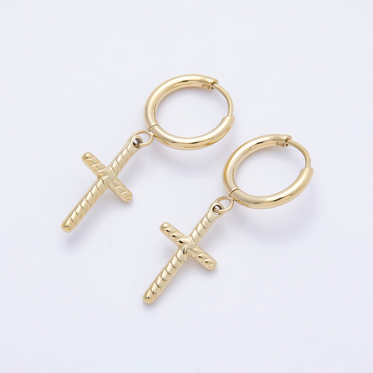 14K Gold Filled 35mm Ribbed Religious Cross Drop Huggie Earrings | Earrings-00647 - DLUXCA