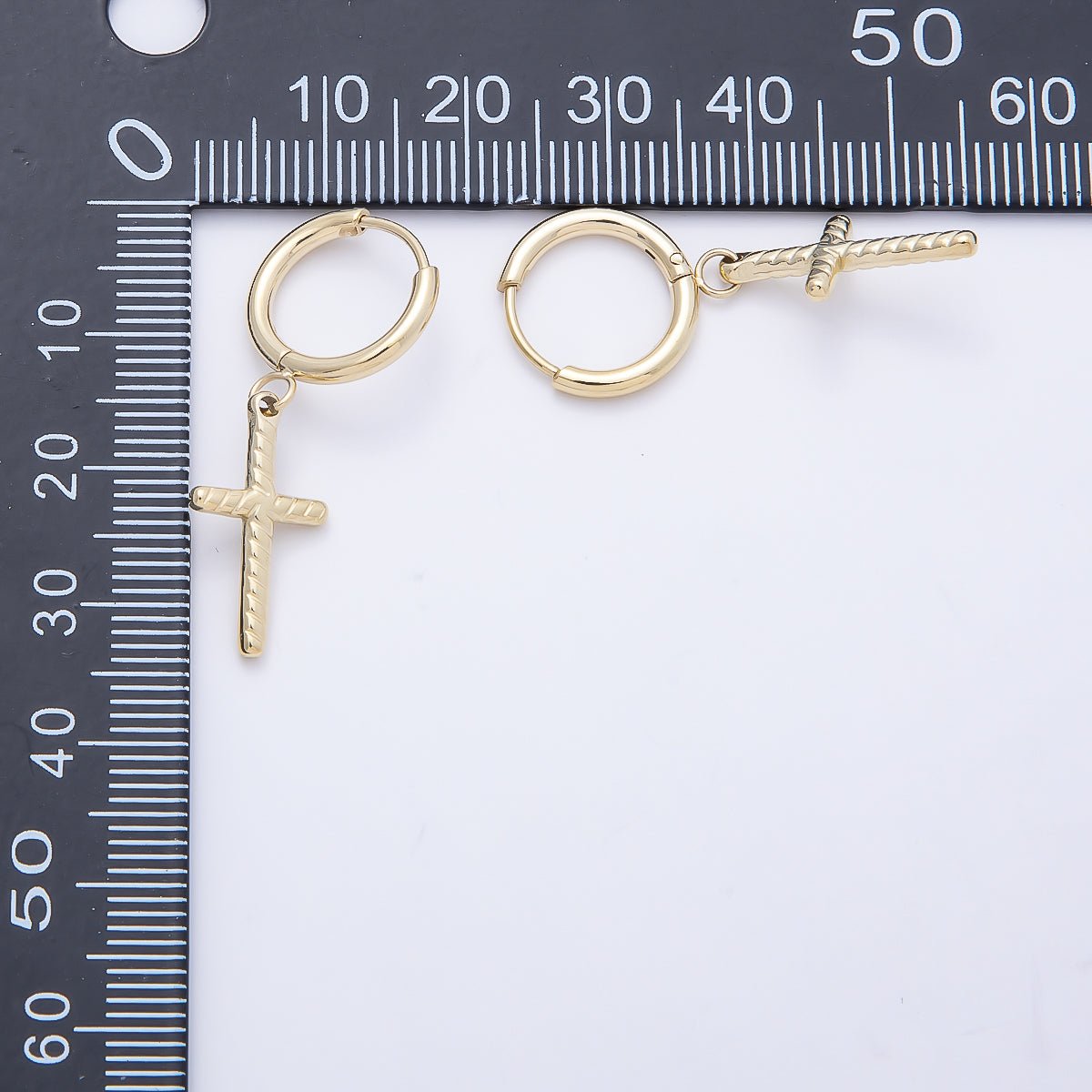 14K Gold Filled 35mm Ribbed Religious Cross Drop Huggie Earrings | Earrings-00647 - DLUXCA