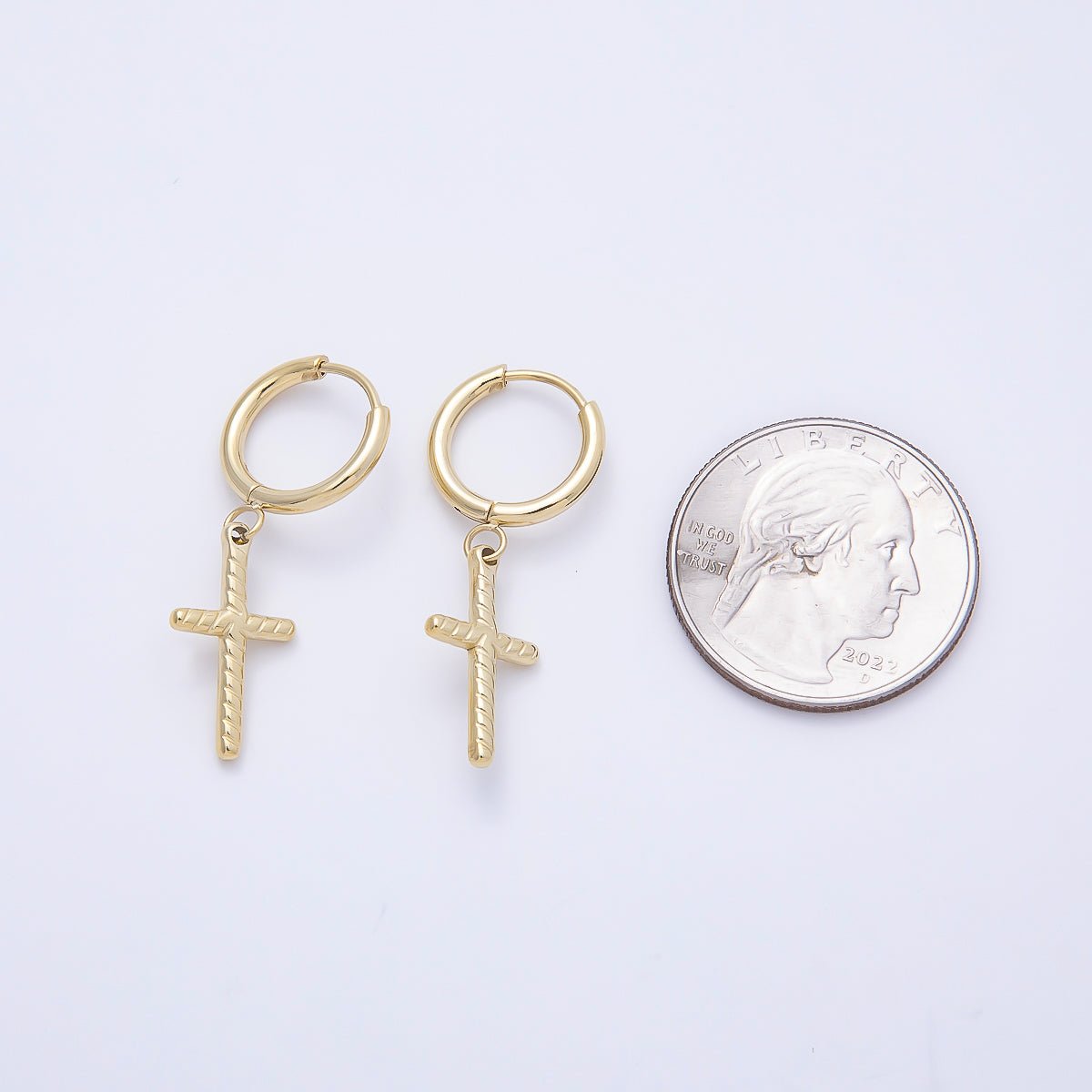 14K Gold Filled 35mm Ribbed Religious Cross Drop Huggie Earrings | Earrings-00647 - DLUXCA