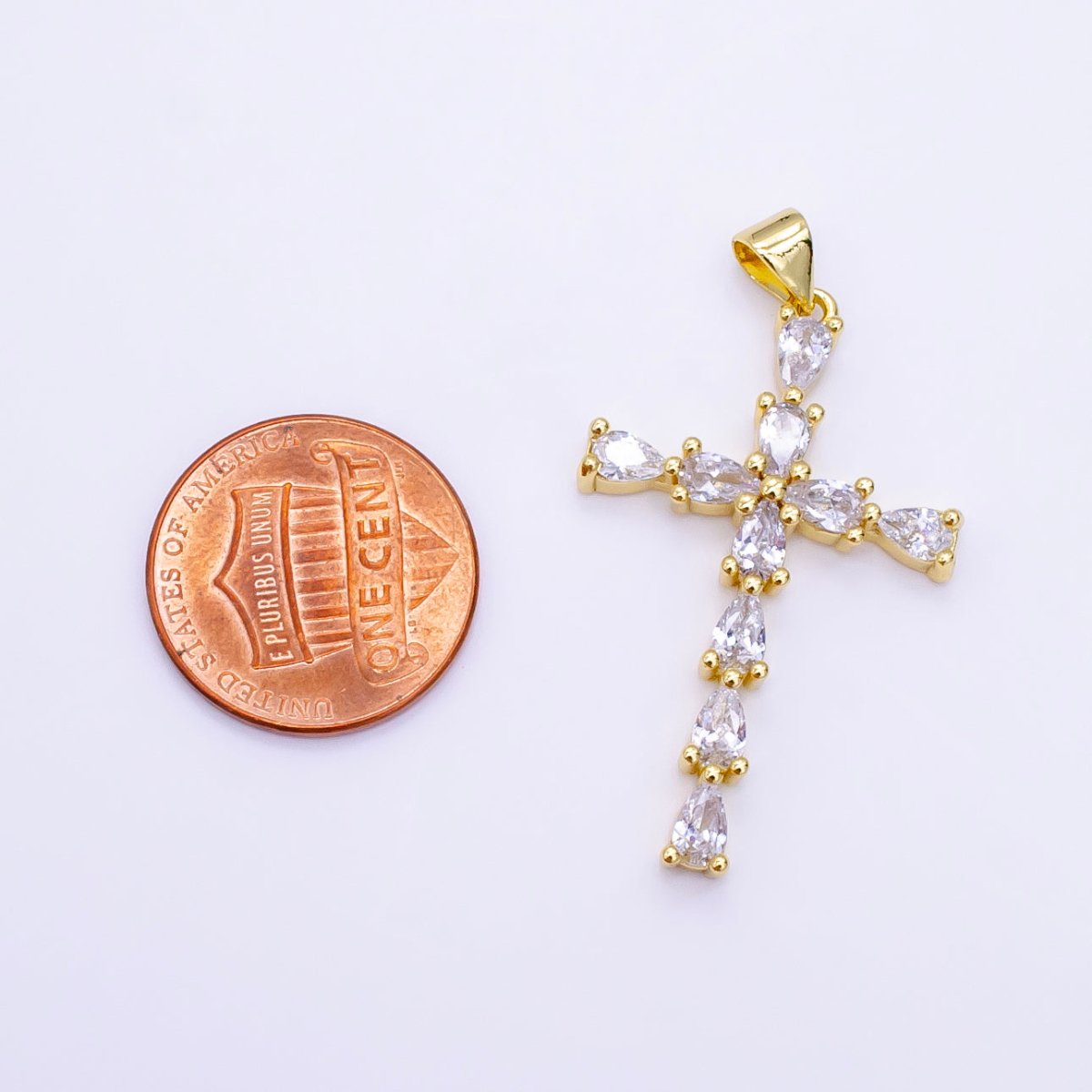 14K Gold Filled 35mm Teardrop CZ Religious Cross Pendant in Gold & Silver | H352 - DLUXCA