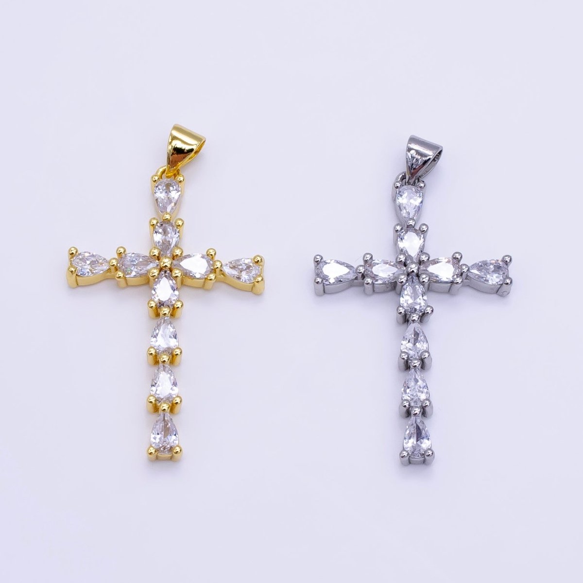 14K Gold Filled 35mm Teardrop CZ Religious Cross Pendant in Gold & Silver | H352 - DLUXCA