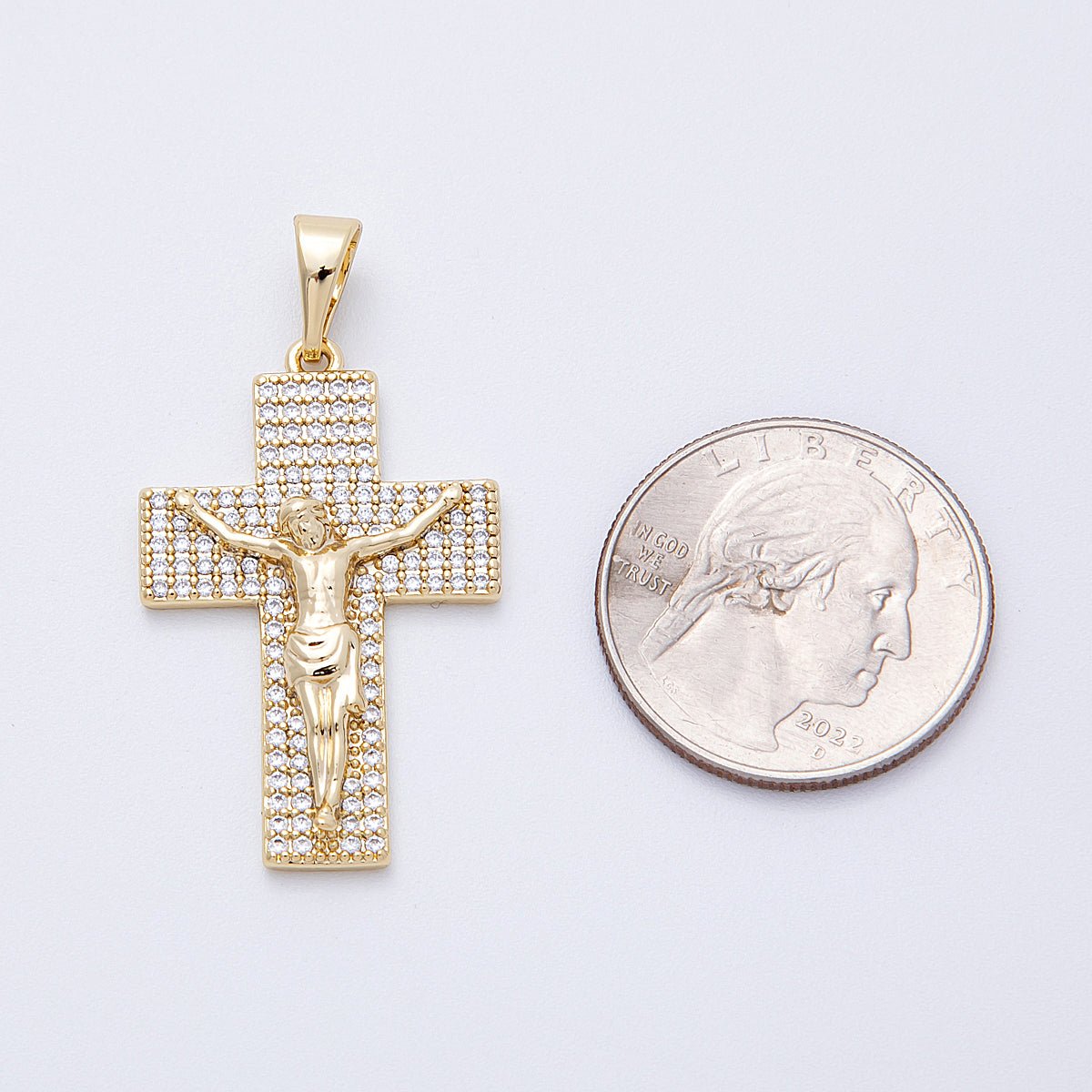 14K Gold Filled 35mm Wide Micro Paved CZ Crucifix Cross Religious Pendant | Charms - 00221 - DLUXCA