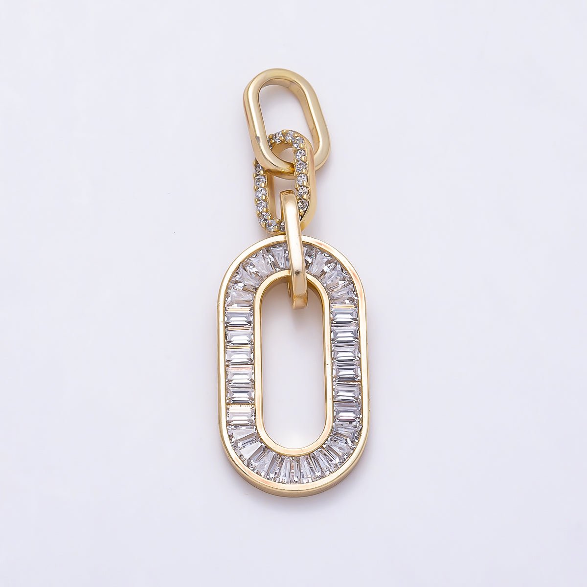 14K Gold Filled 39mm Clear Baguette Micro Paved CZ Oblong Oval Paperclip Link Pendant | Charms-01411 - DLUXCA