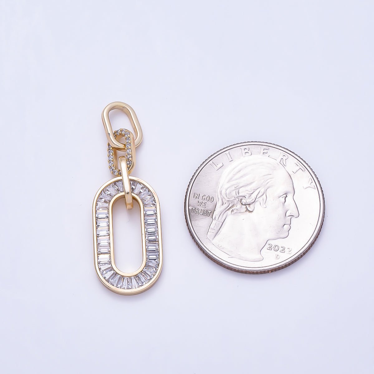 14K Gold Filled 39mm Clear Baguette Micro Paved CZ Oblong Oval Paperclip Link Pendant | Charms-01411 - DLUXCA