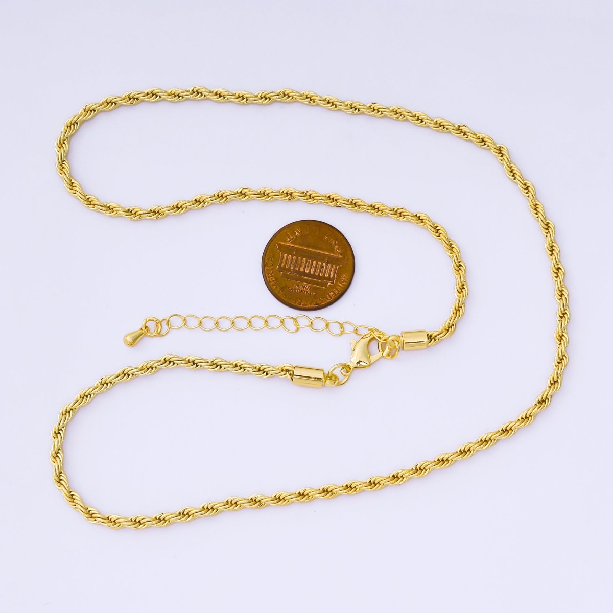 14K Gold Filled 3mm Rope Chain 18.5 Inch Necklace w. Extender | WA - 1373 - DLUXCA