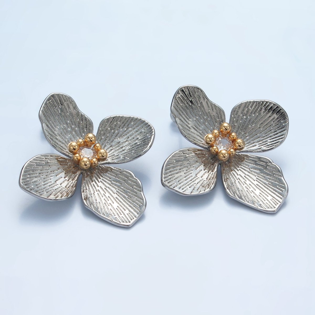 14K Gold Filled 40mm Clear CZ Line - Textured Flower Stud Earrings in Gold & Mixed Metal | P - 507 P - 504 - DLUXCA