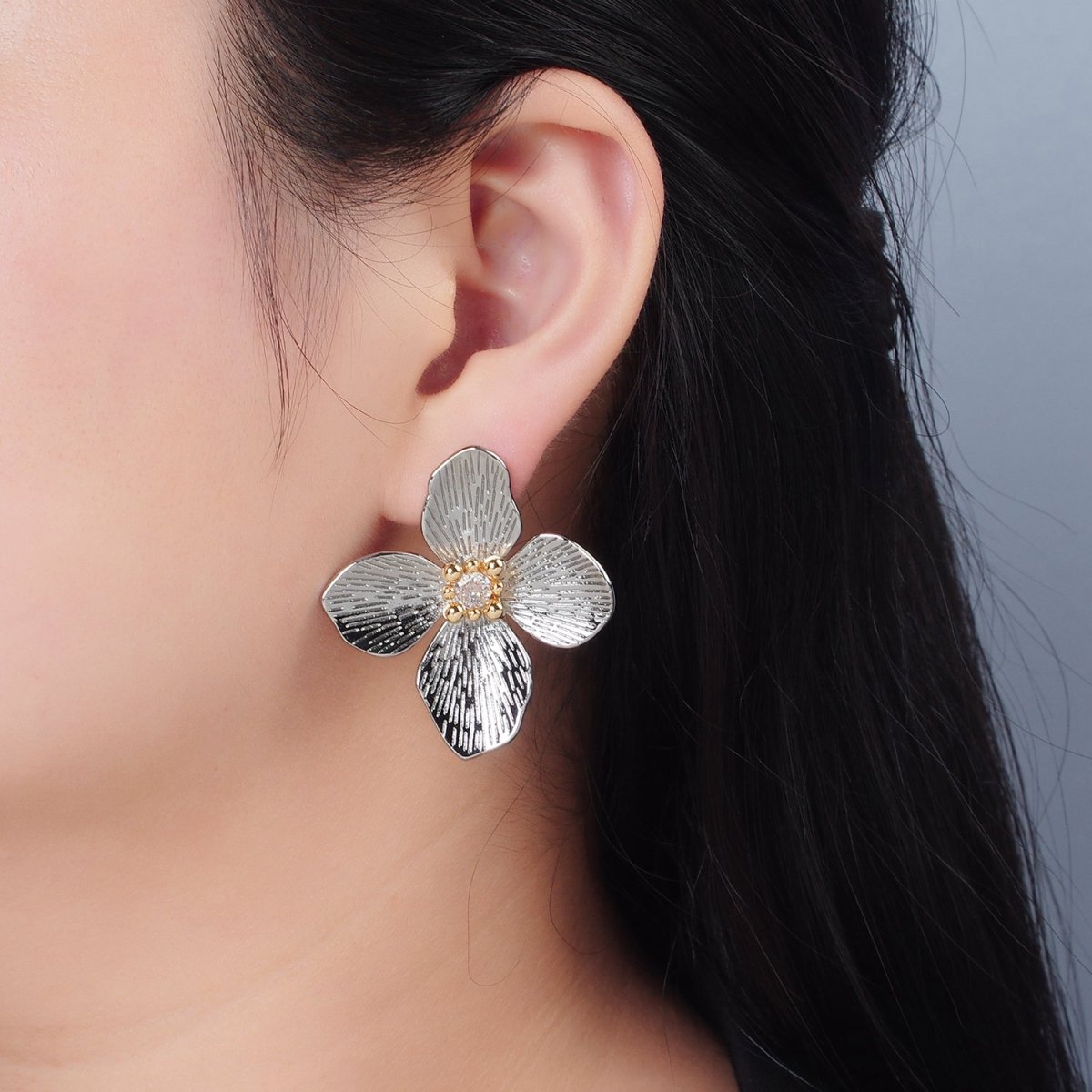 14K Gold Filled 40mm Clear CZ Line - Textured Flower Stud Earrings in Gold & Mixed Metal | P - 507 P - 504 - DLUXCA