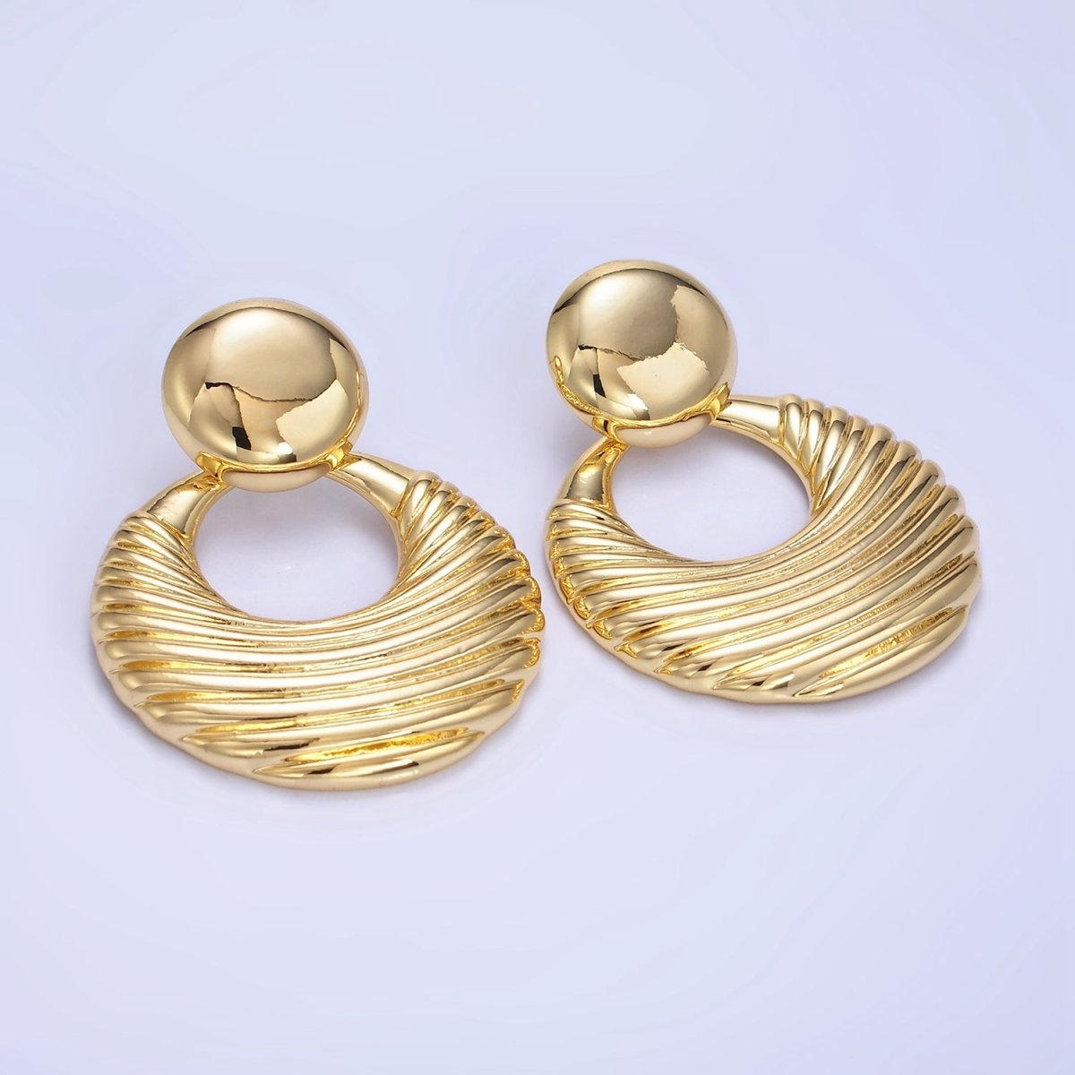 14K Gold Filled 40mm Geometric Lined Round Dome Drop Stud Earrings in Gold & Silver | P494 P495 - DLUXCA
