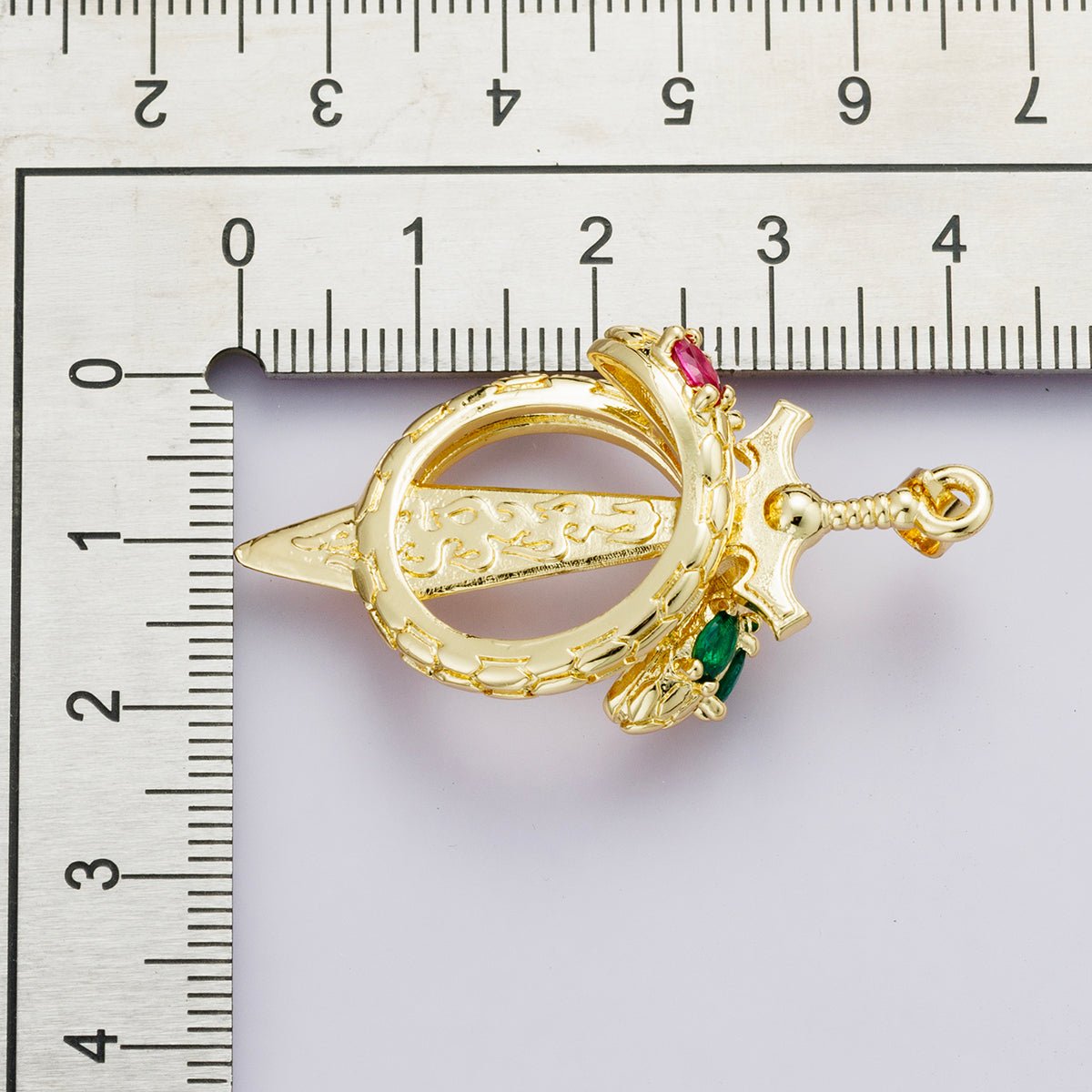14K Gold Filled 43mm Green, Multicolor, Pink CZ Snake Sword Open Charm | J00036 - J00038 - DLUXCA