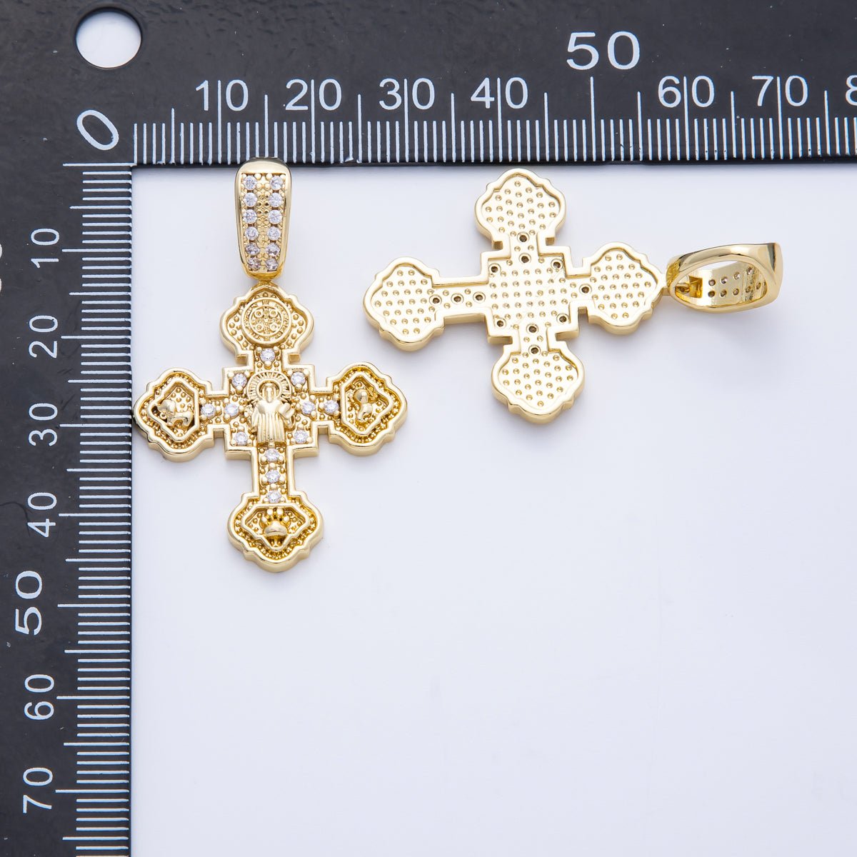 14K Gold Filled 45.5mm Micro Paved CZ Saint Benedict Medal Cross Pendant | Charms - 00069 - DLUXCA