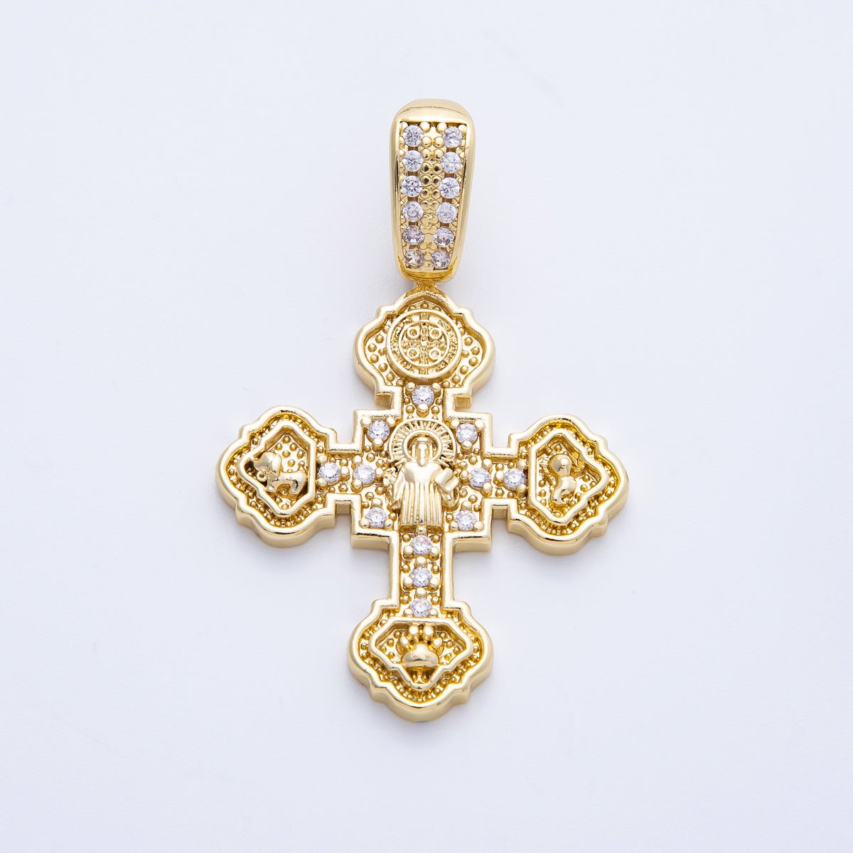 14K Gold Filled 45.5mm Micro Paved CZ Saint Benedict Medal Cross Pendant | Charms - 00069 - DLUXCA