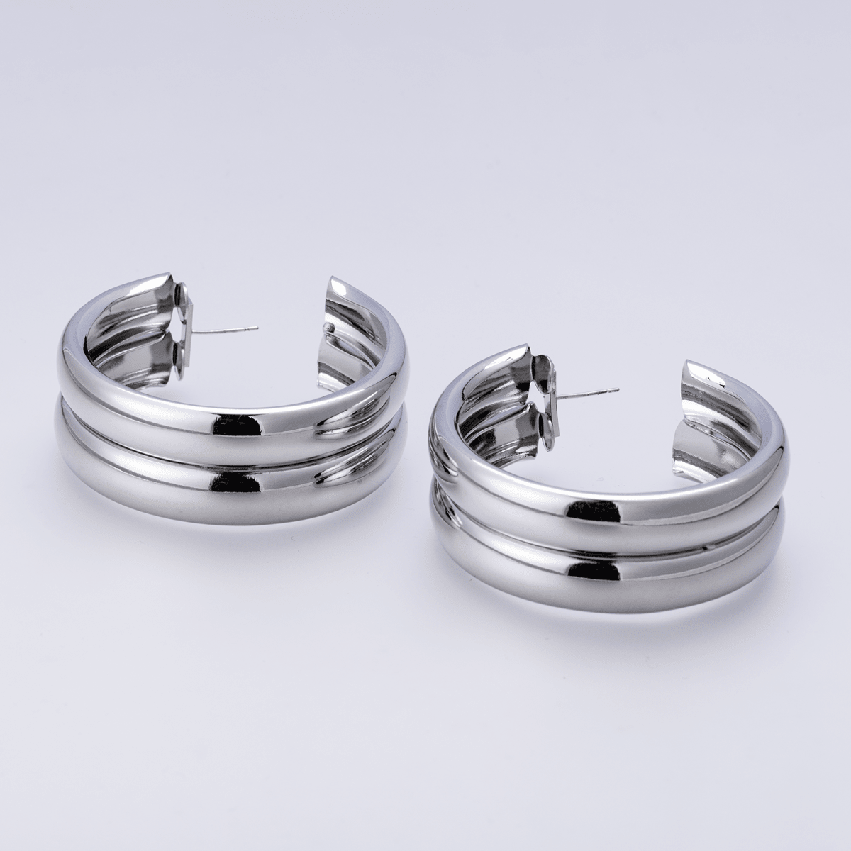 14K Gold Filled 50mm Double Band C - Shaped Hoop Earrings in Gold & Silver | P00422 P00423 - DLUXCA