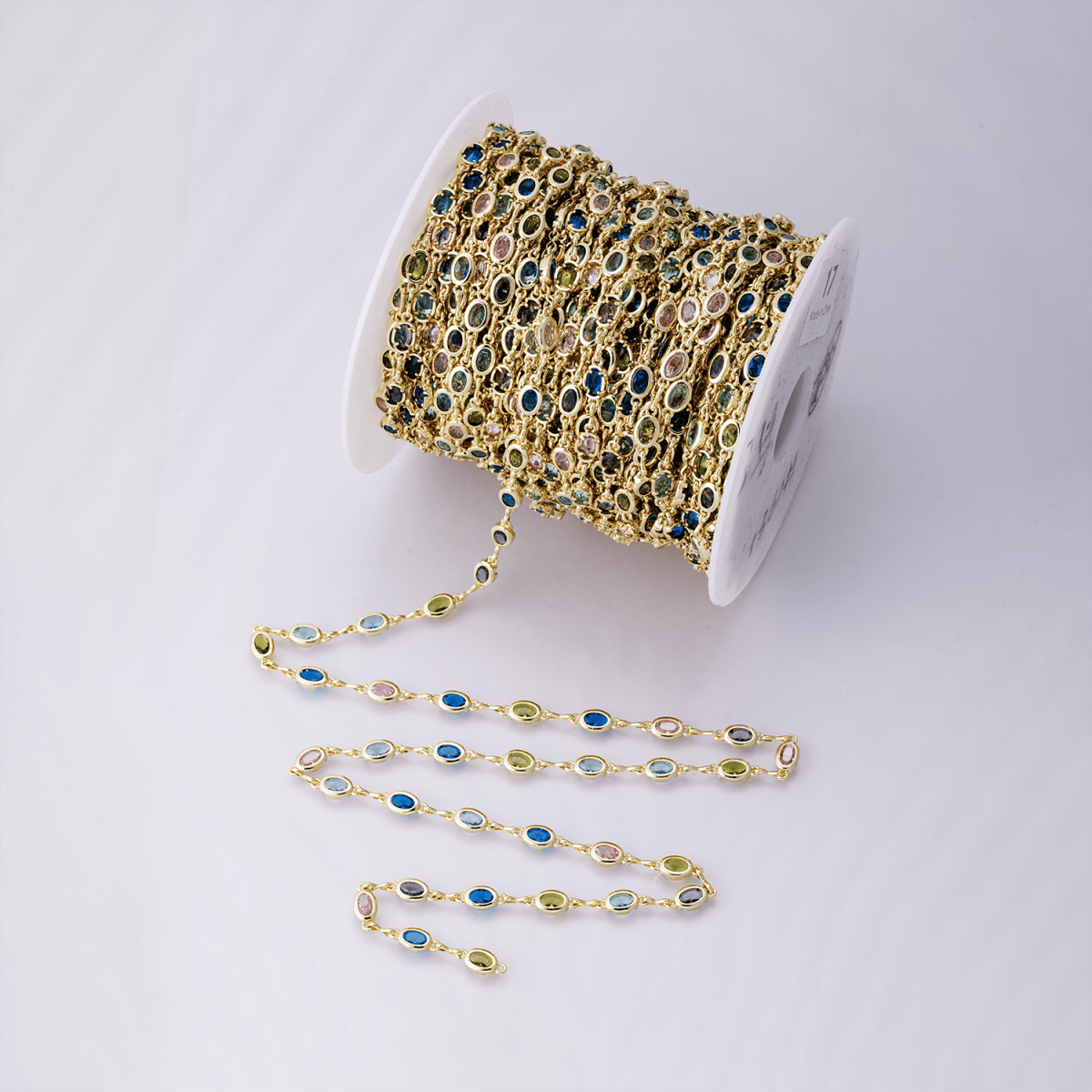 14K Gold Filled 5.3mm Multicolor CZ Oval Bezel Gemstone Unfinished Chain by Yard | Roll - 01850 - DLUXCA