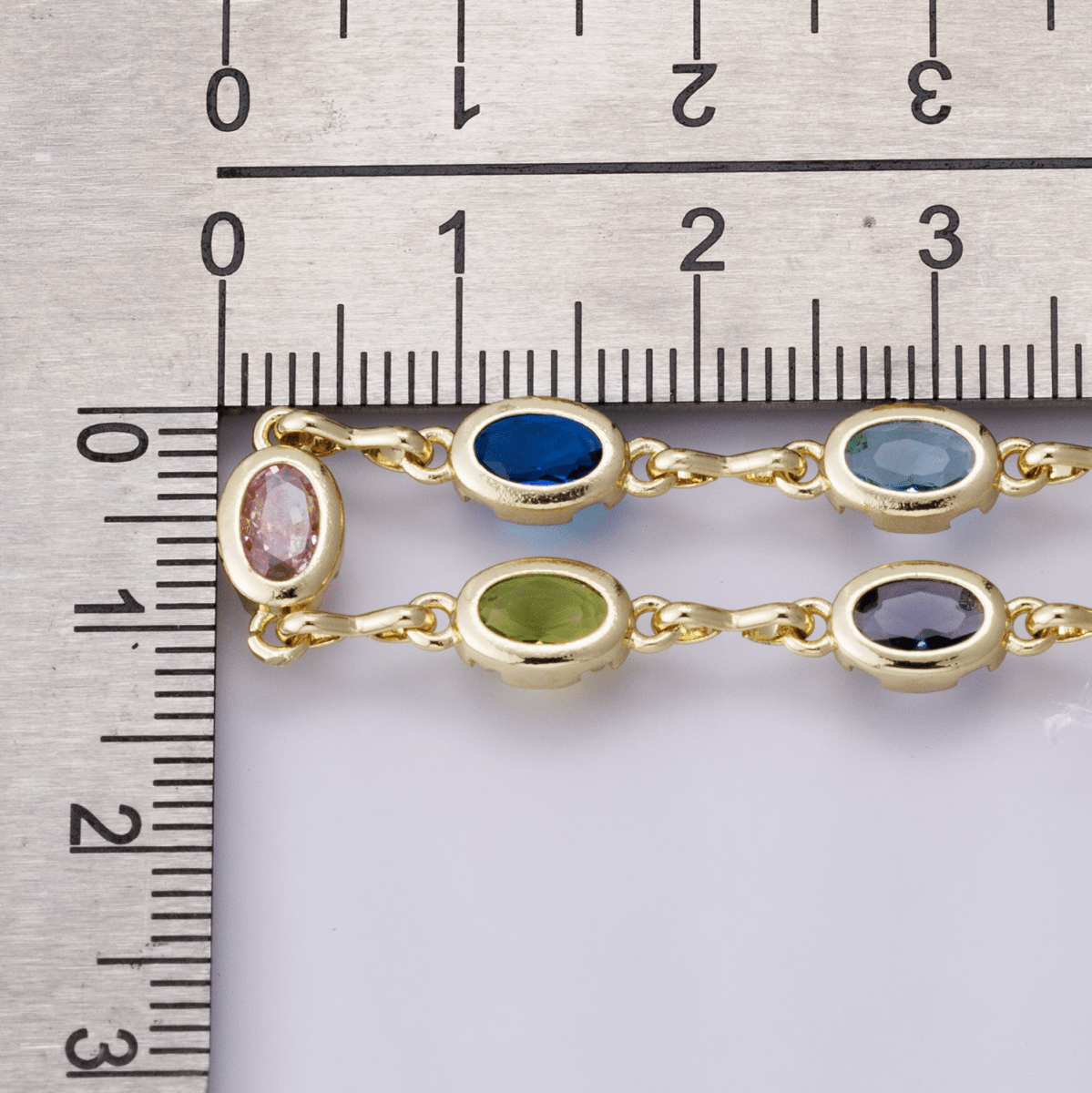 14K Gold Filled 5.3mm Multicolor CZ Oval Bezel Gemstone Unfinished Chain by Yard | Roll - 01850 - DLUXCA